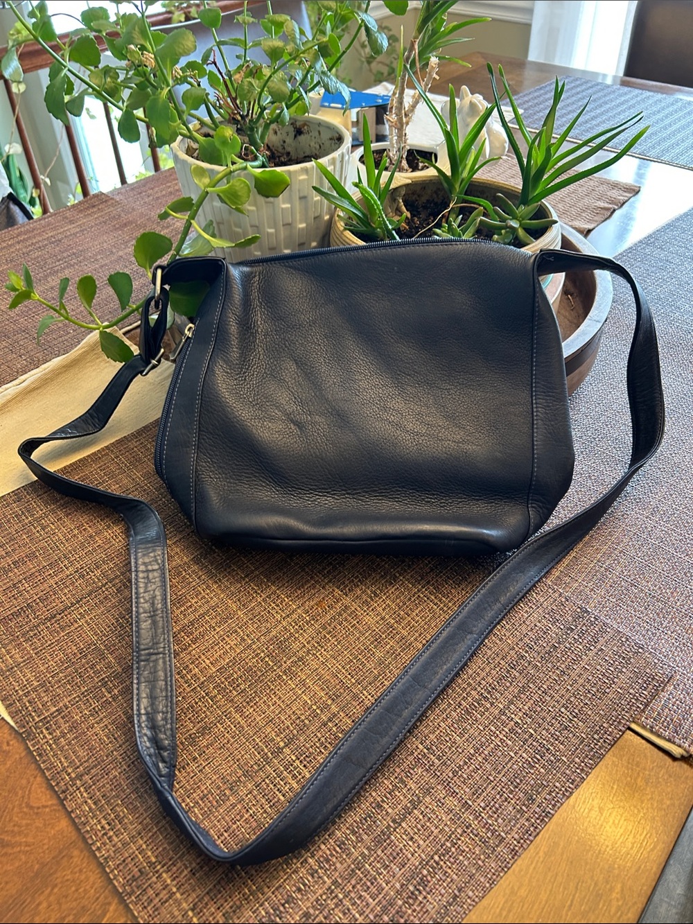 Women's Navy Leather Shoulder Bag with Adjustable Strap